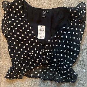 Black Polkadot Floral Blouse Top Size S